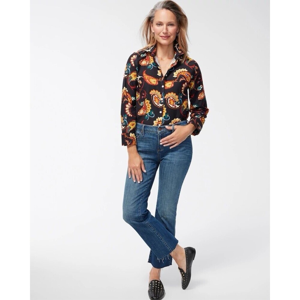 Chico's Womens 1 / M / 8 Sheer Button Down Blouse Paisley Print Stretch Shirt